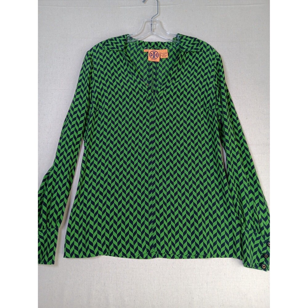 NWT Tory Burch Sydne Silk Blouse Size 6 Green Navy V-Neck Side Zip Long Sleeve